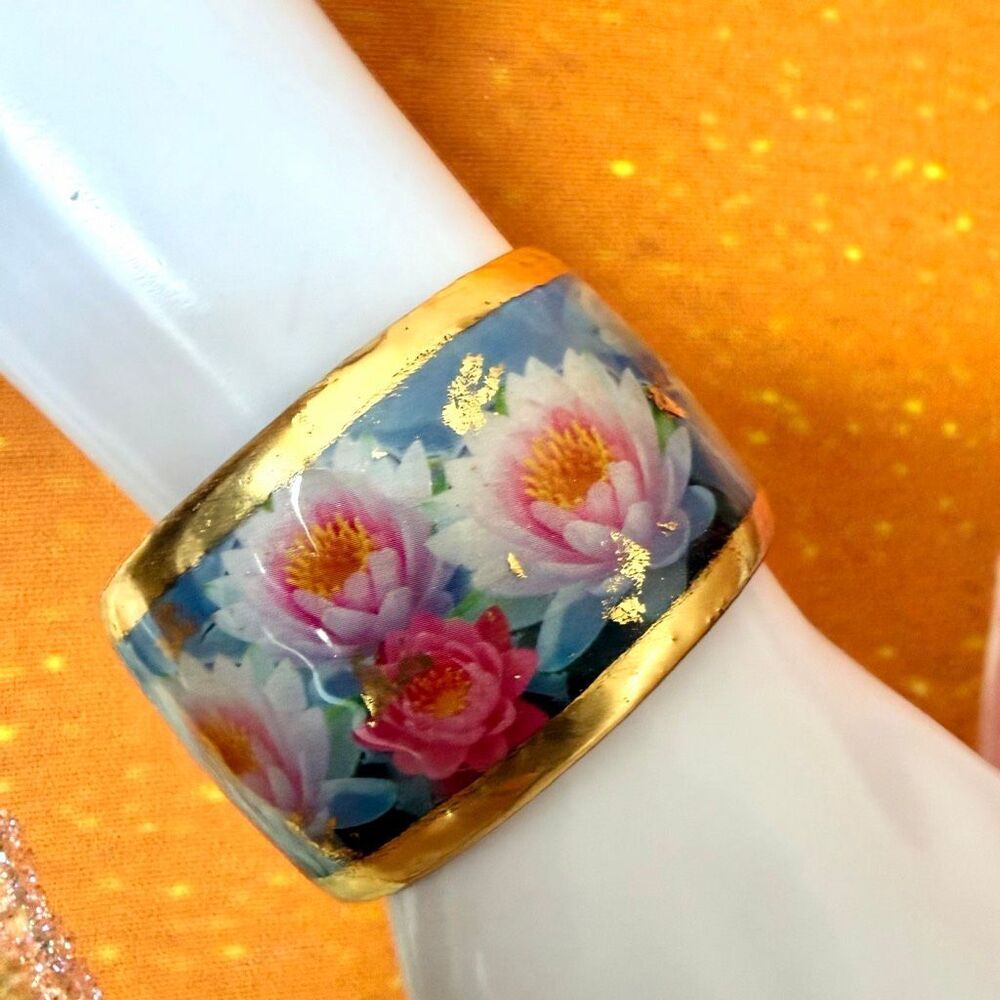 Evocateur Lotus Wide Cuff Bracelet 22K Gold Leaf Floral